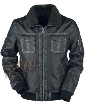 Mens Bike Racer Black Distressed Fur Collar Leather Jacket